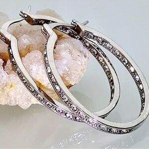 New Silver Alloy Hoop Earrings Stylish Shiny Inlaid Synthetic Stones Elegant